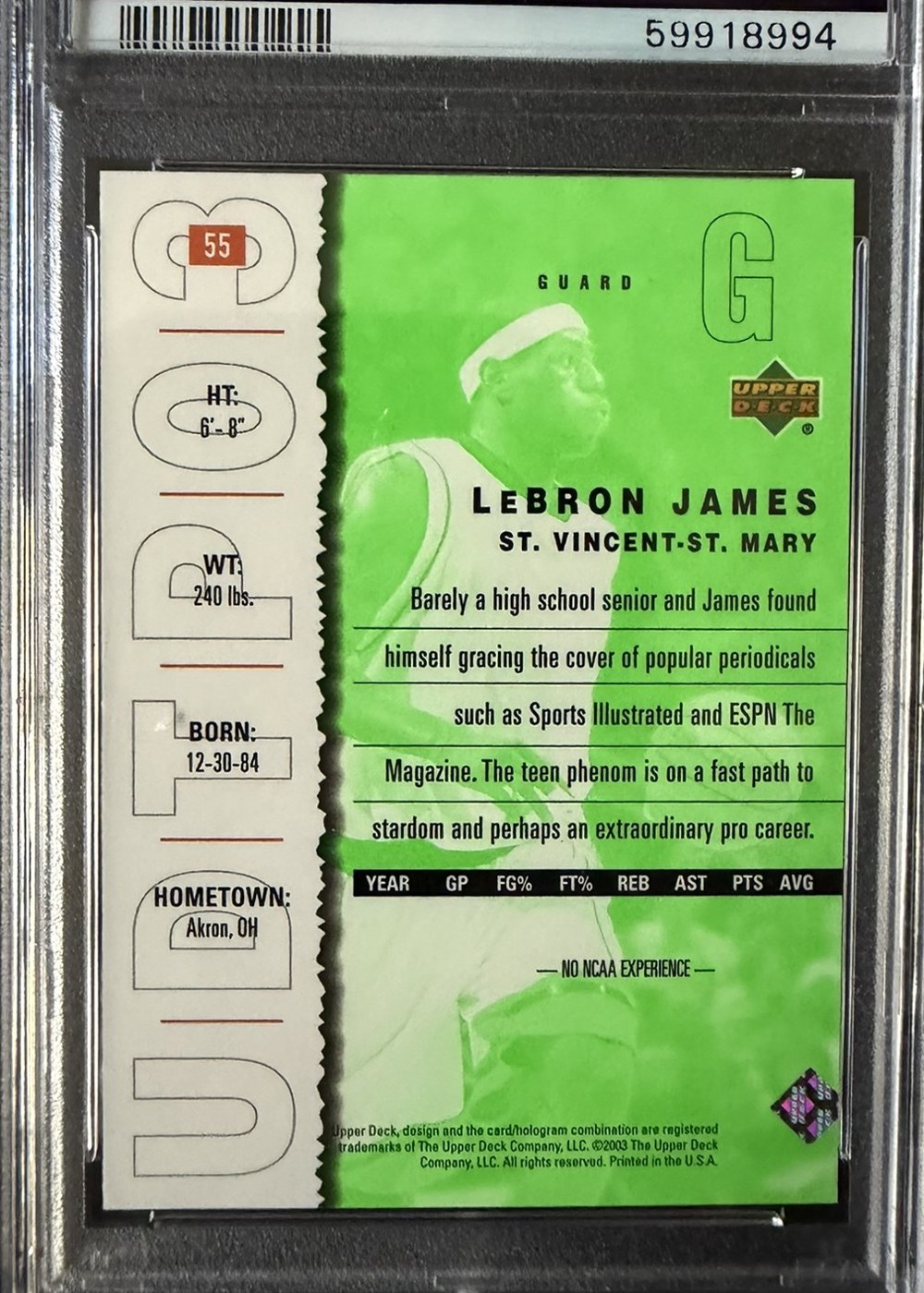 LeBron James 2003 Upper Deck Top Prospects back