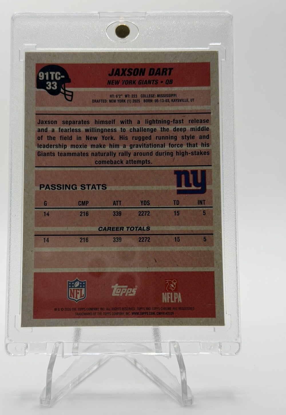 Jaxson Dart 2026 Topps Chrome back