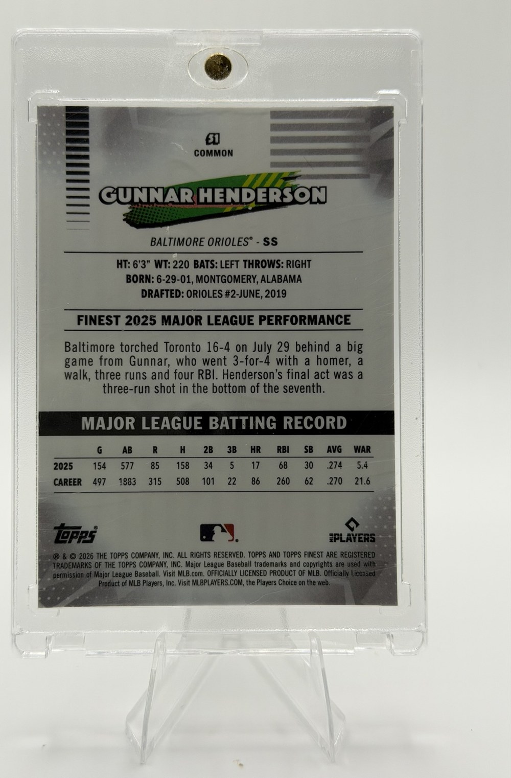 Gunnar Henderson 2026 Topps Finest back