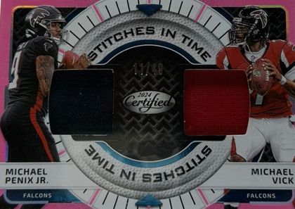 Michael Penix Jr. & Michael Vick 2024 Panini Certified Stitches in Time Dual Mirror Pink Etch /49