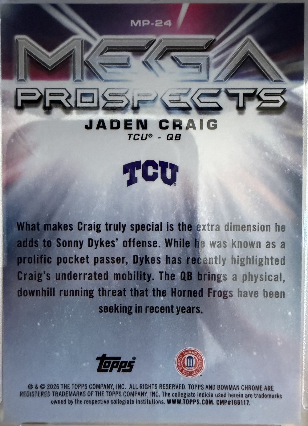 Jaden Craig 2026 Bowman Chrome University back