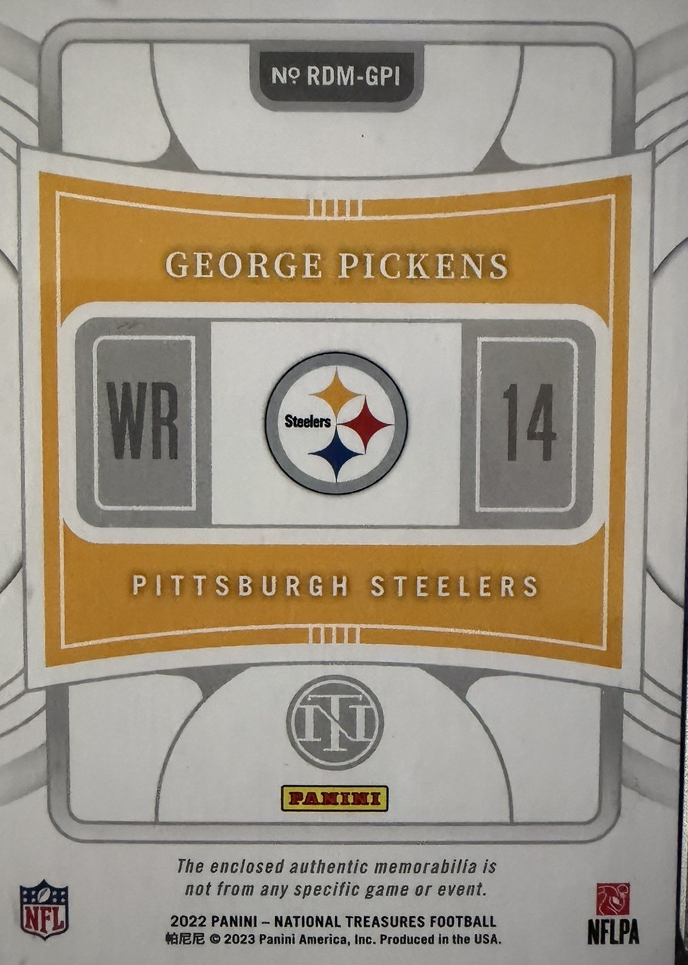 George Pickens 2022 Panini National Treasures back