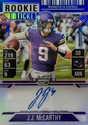 J.J. McCarthy 2024 Panini Contenders Optic Rookie Ticket Autograph Variation Blue /50