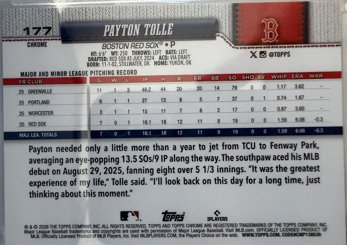 Payton Tolle 2026 Topps Chrome Logofractor Edition back