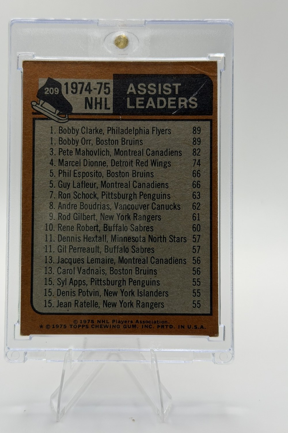 Bobby Orr / Bobby Clarke / Pete Mahovlich 1975 Topps back