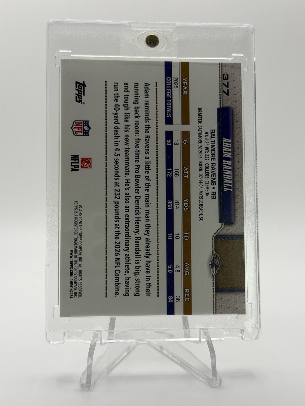 Adam Randall 2026 Topps back