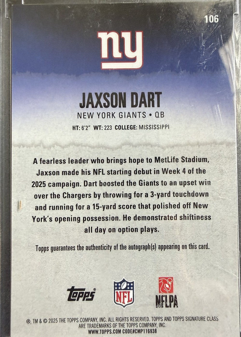Jaxson Dart 2025 Topps Signature Class back