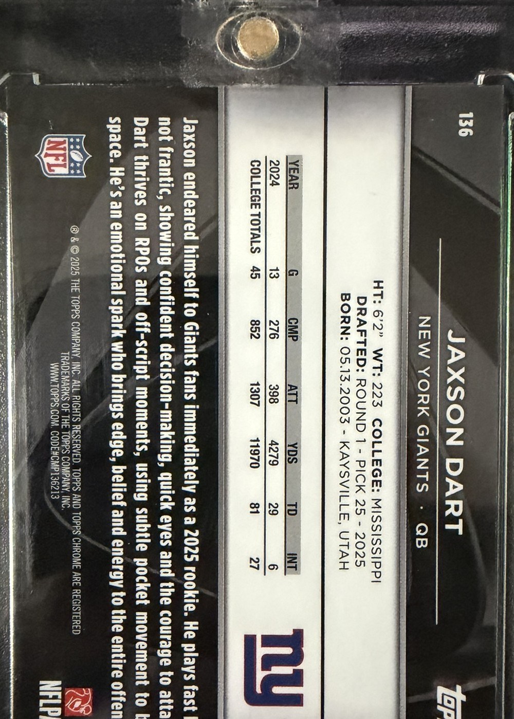 Jaxson Dart 2025 Topps Chrome Black back