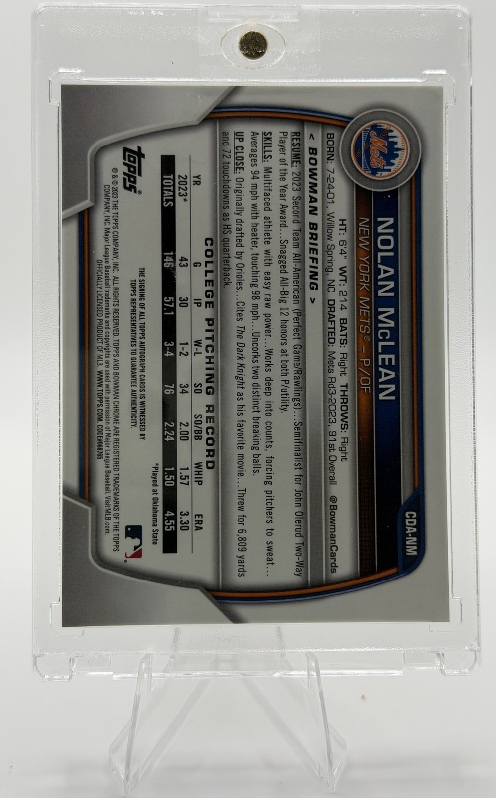 Nolan McLean 2023 Bowman Chrome back