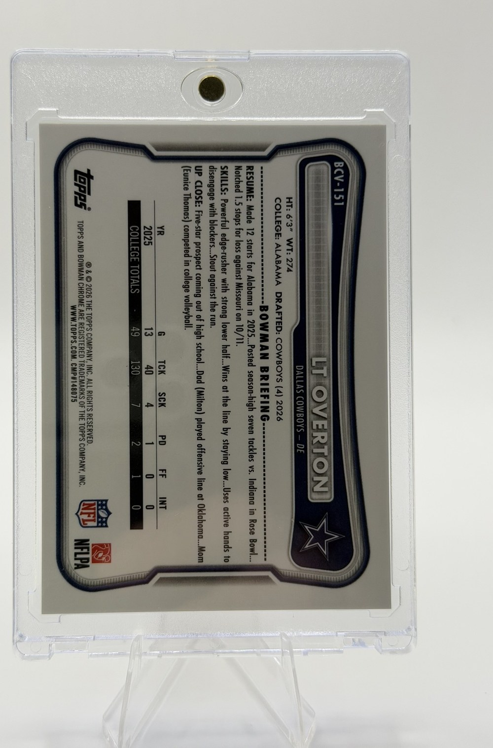 LT Overton 2026 Bowman Chrome back