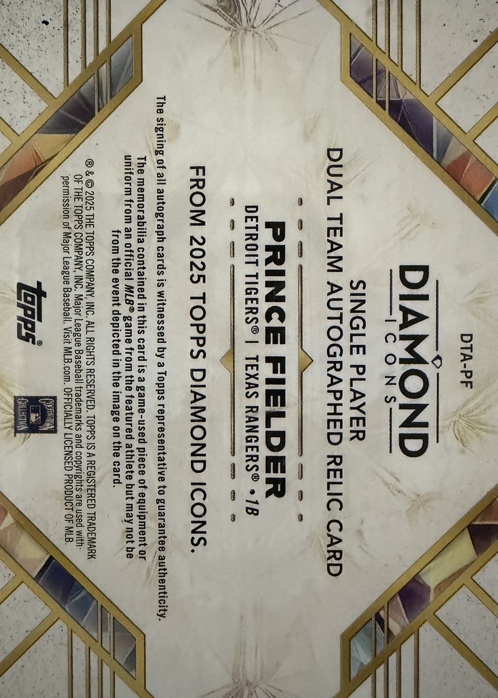 Prince Fielder 2025 Topps Diamond Icons back