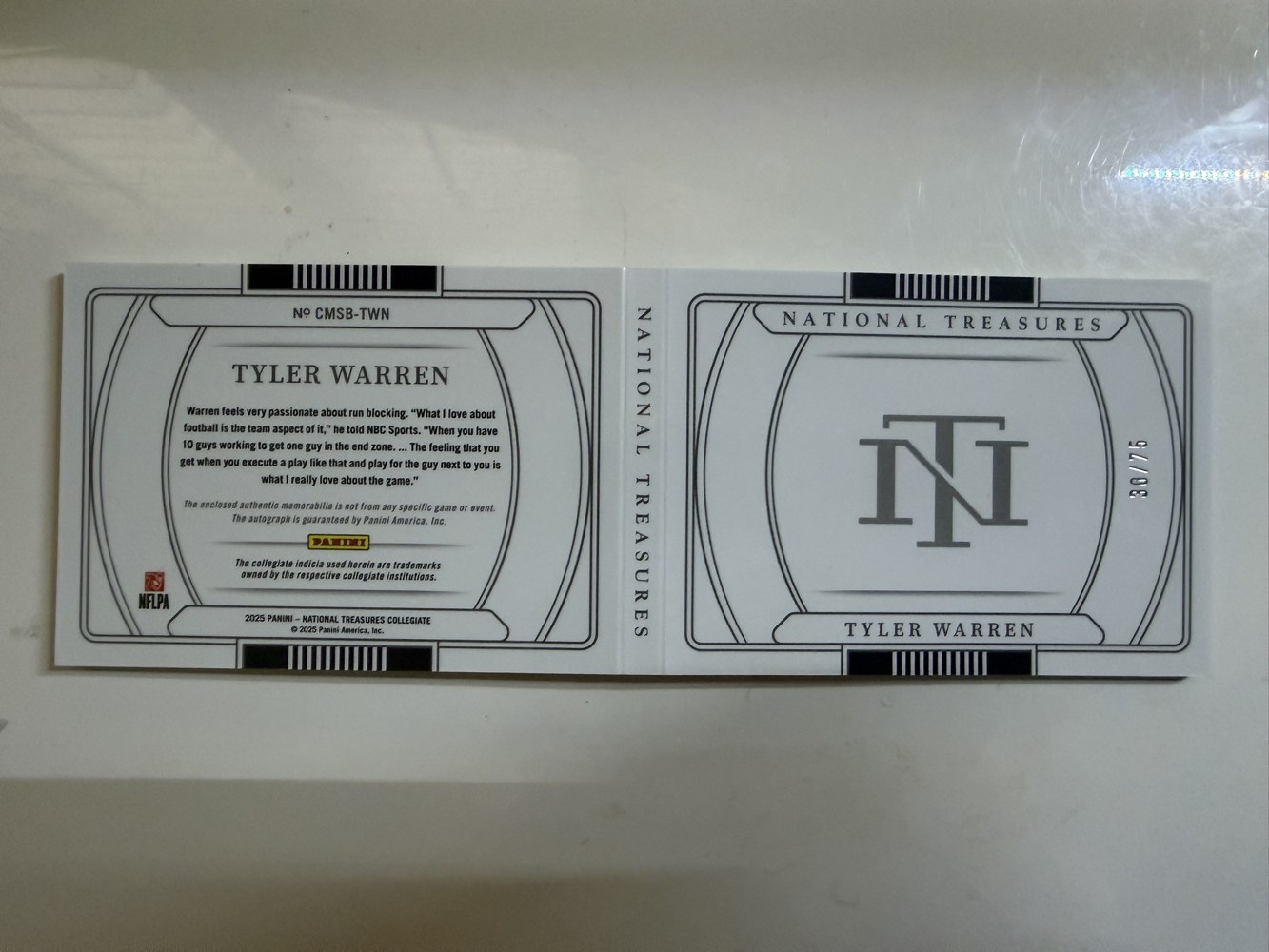 Tyler Warren 2025 Panini National Treasures Collegiate back