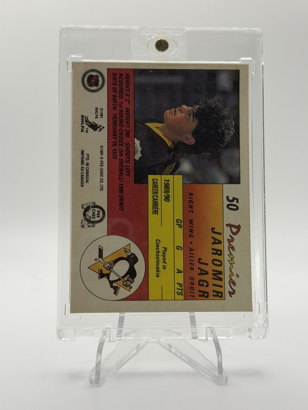 Jaromir Jagr 1990 O-Pee-Chee Premier back