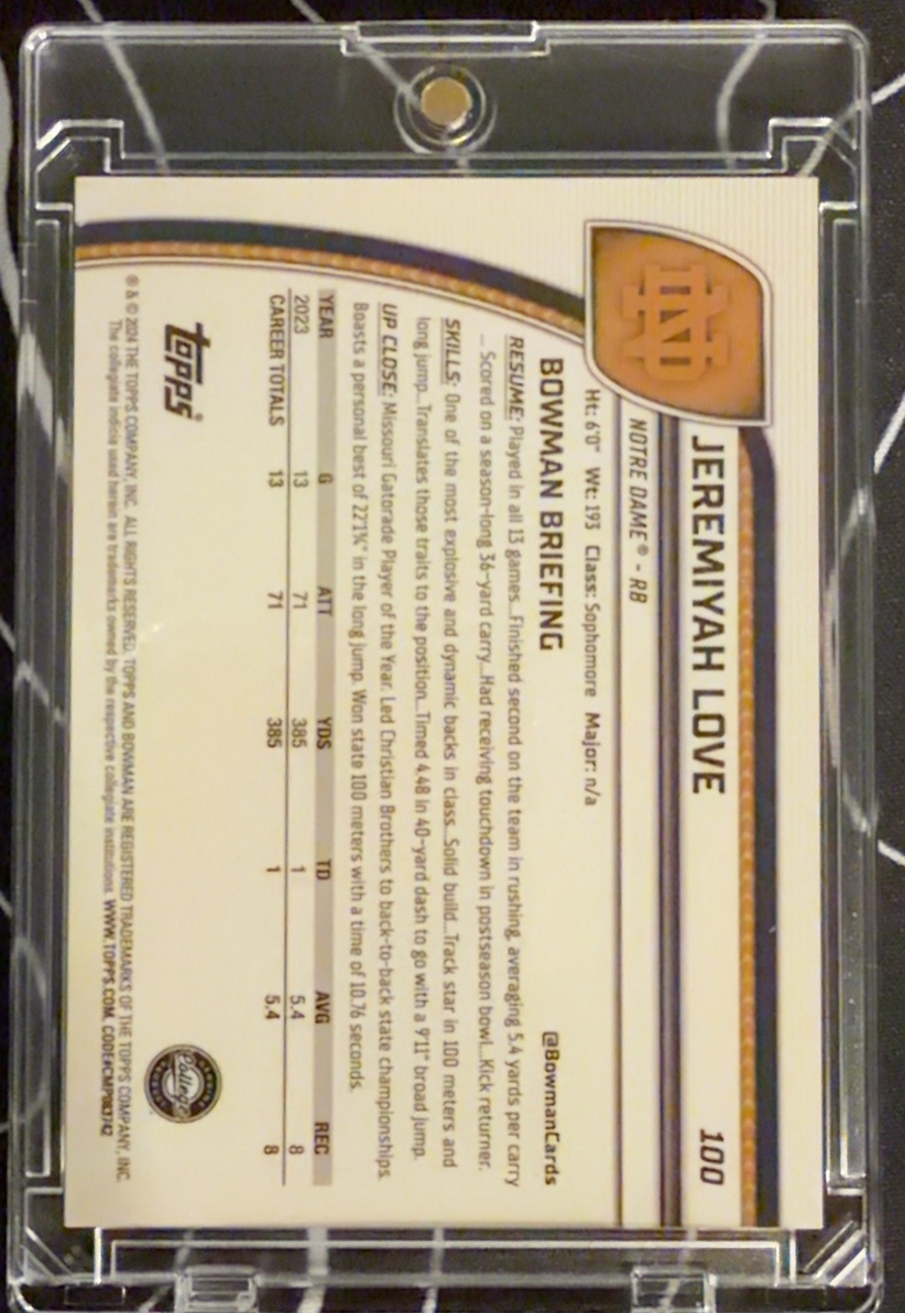 Jeremiyah Love 2024 Bowman Chrome U Sapphire back