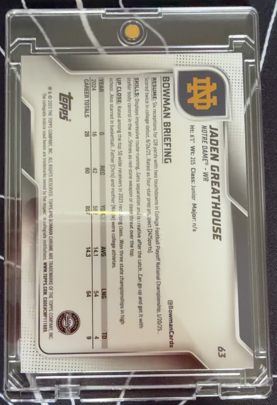 Jaden Greathouse 2025 Bowman Chrome Sapphire back