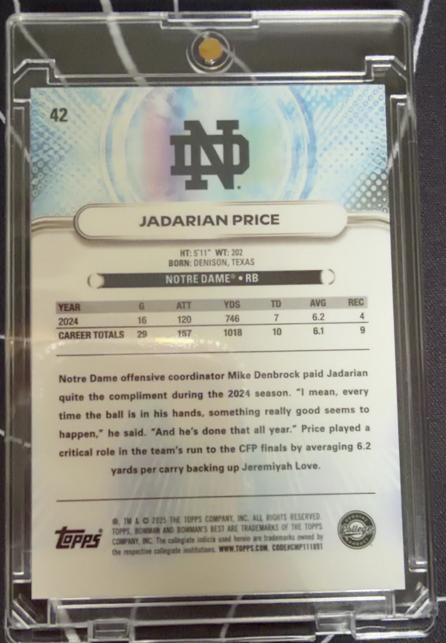 Jadarian Price 2025 Bowman's Best University back