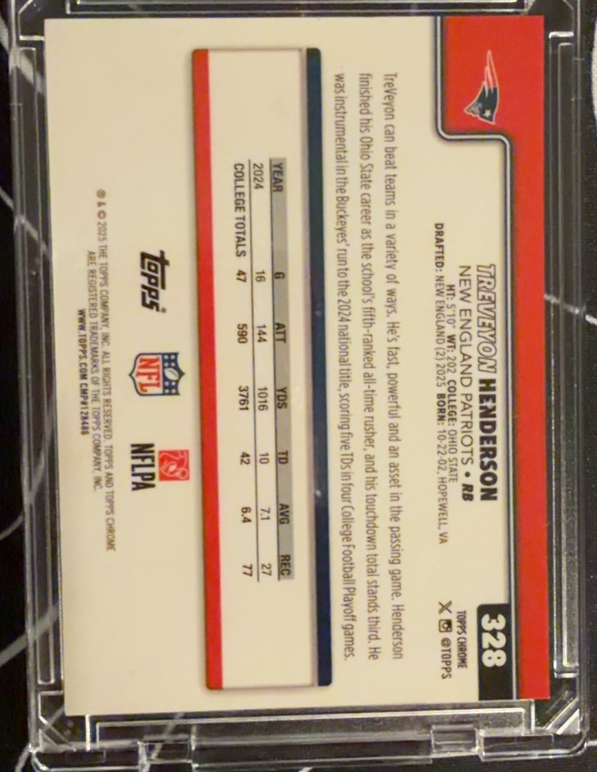 TreVeyon Henderson 2025 Topps Chrome Sapphire back