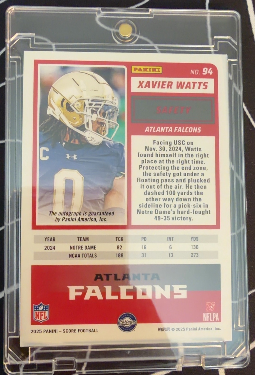 Xavier Watts 2025 Panini Score back