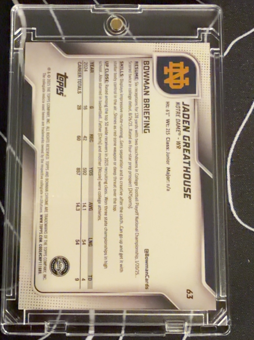 Jaden Greathouse 2025 Bowman Chrome U Sapphire back