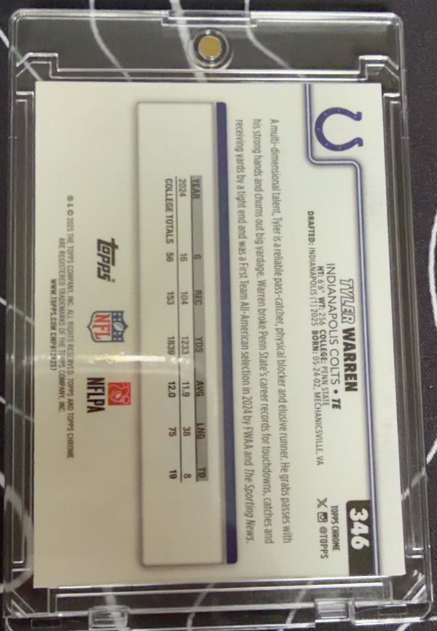 Tyler Warren 2025 Topps Chrome back