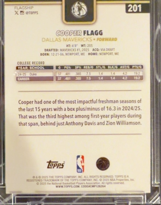 Cooper Flagg 2025 Topps back