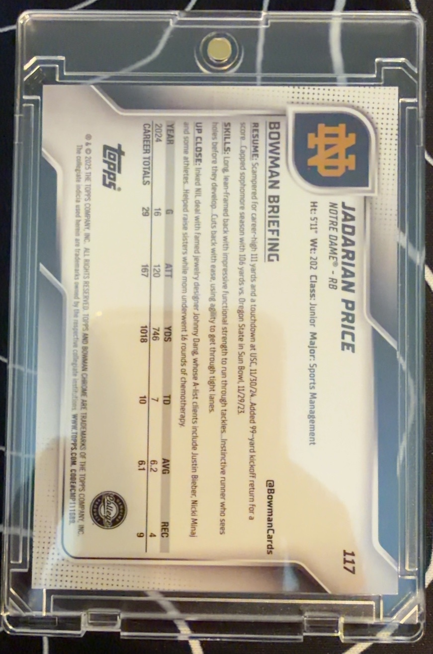 Jadarian Price 2025 Bowman Chrome U Sapphire back