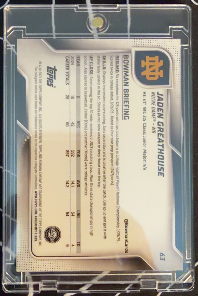 Jaden Greathouse 2025 Bowman Chrome U Sapphire back
