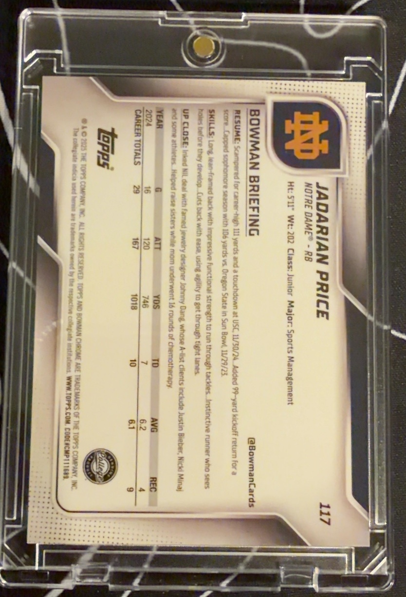 Jadarian Price 2025 Bowman Chrome U Sapphire back