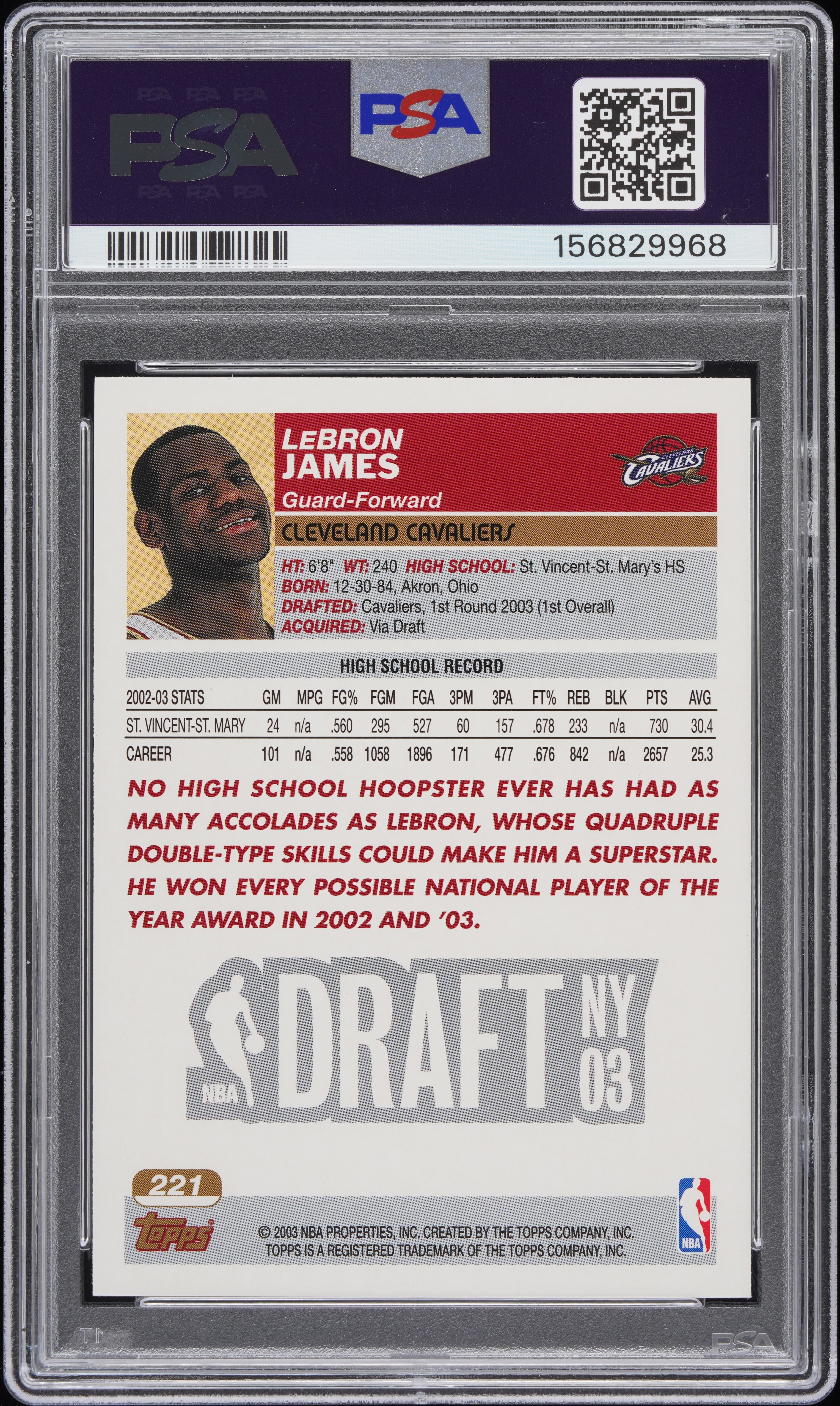 LeBron James 2003 Topps back