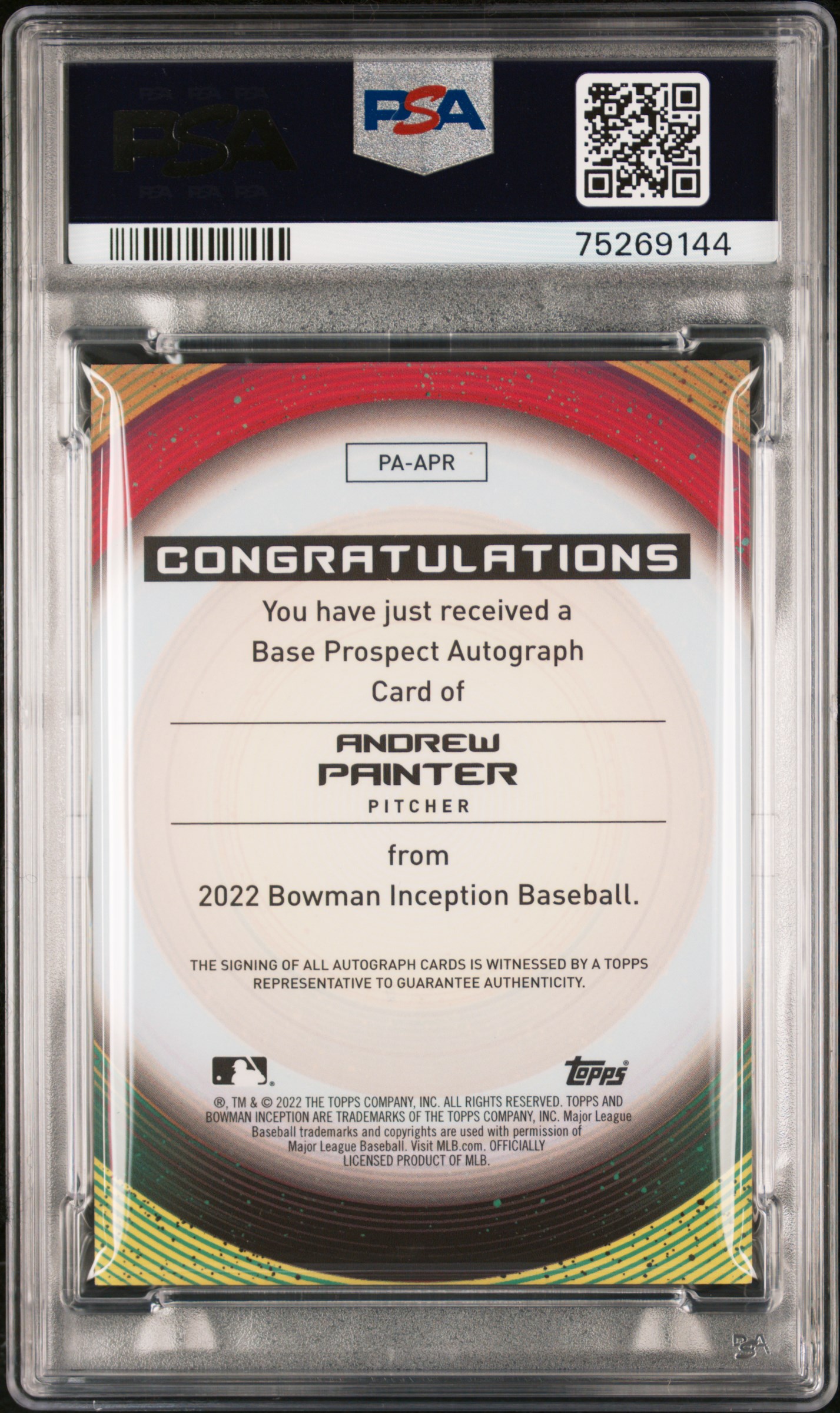 Andrew Painter 2022 Bowman Inception Prospect Autographs back