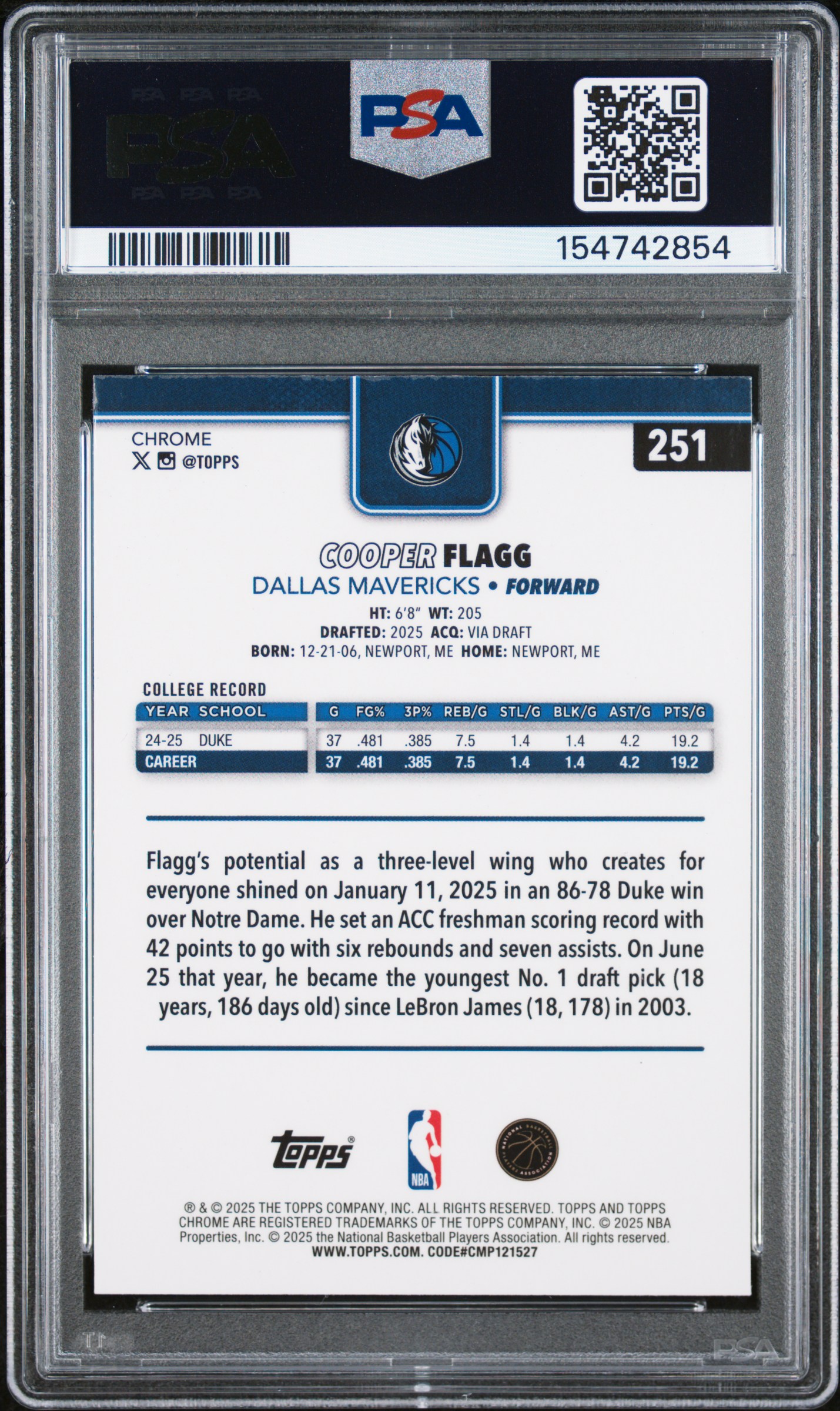 Cooper Flagg 2025 Topps Chrome back