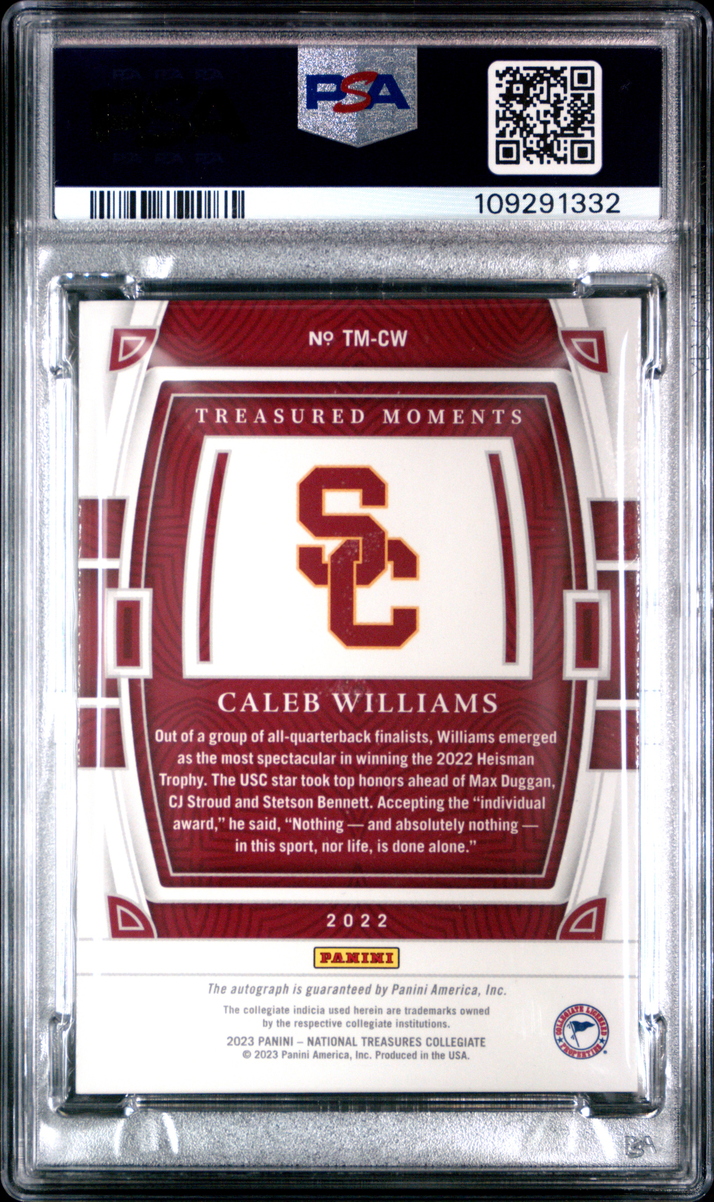 Caleb Williams 2023 Panini National Treasures Collegiate Treasured Moments Signatures back