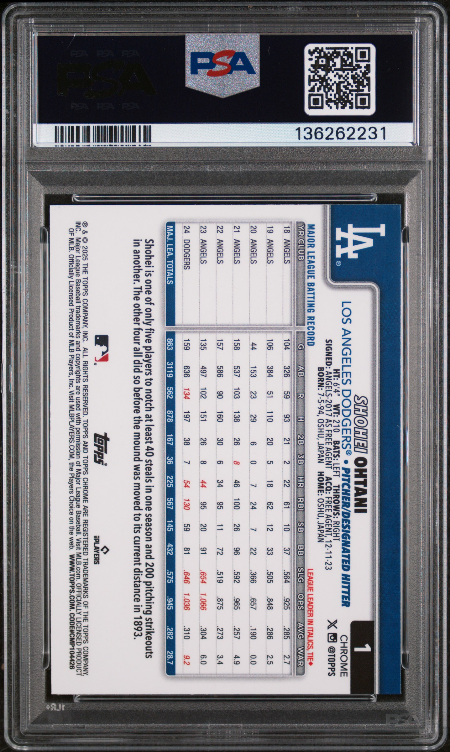 Shohei Ohtani 2025 Topps Chrome back