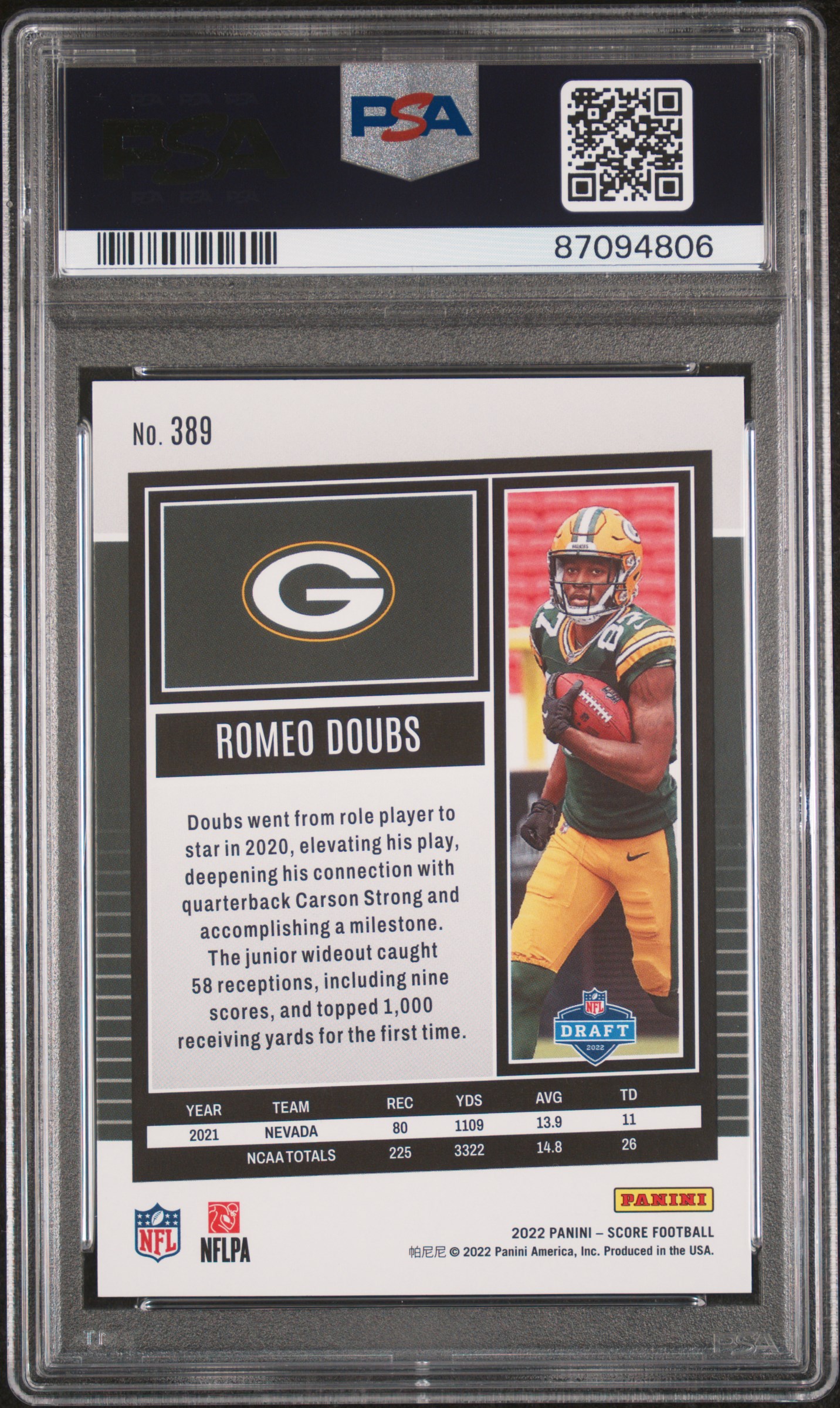 Romeo Doubs 2022 Panini Score back