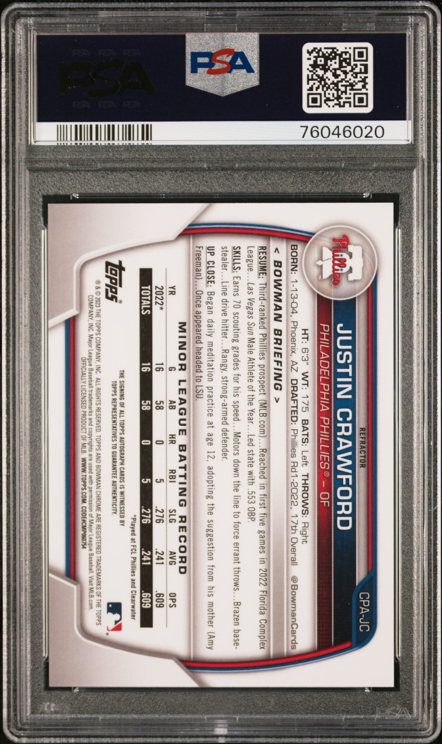 Justin Crawford 2023 Bowman Chrome Prospect Autographs back