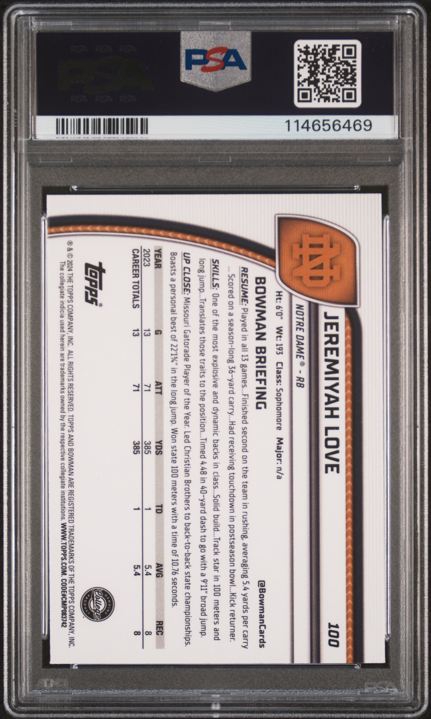 Jeremiyah Love 2024 Bowman Chrome U Sapphire back