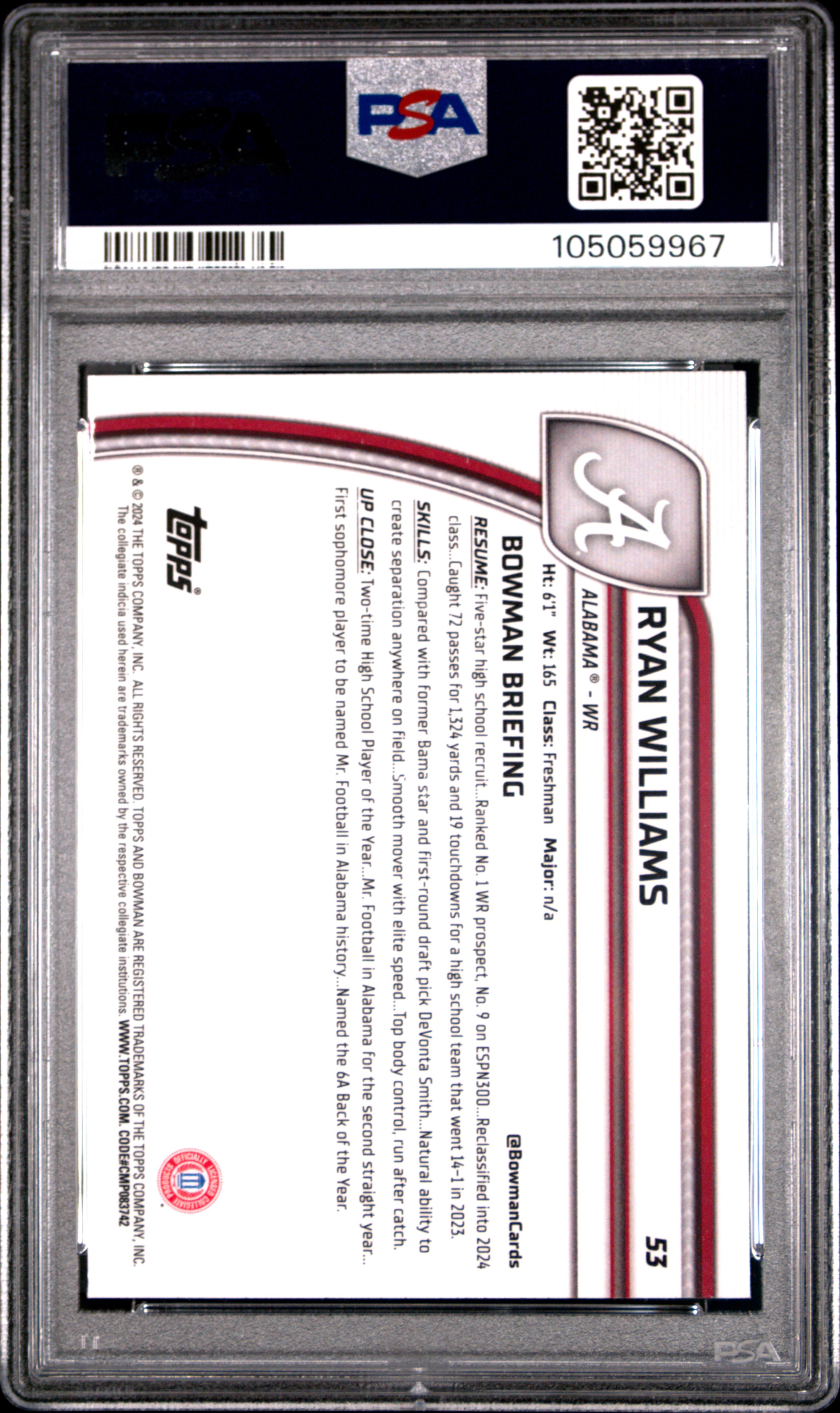 Ryan Williams 2024 Bowman U Sapphire back