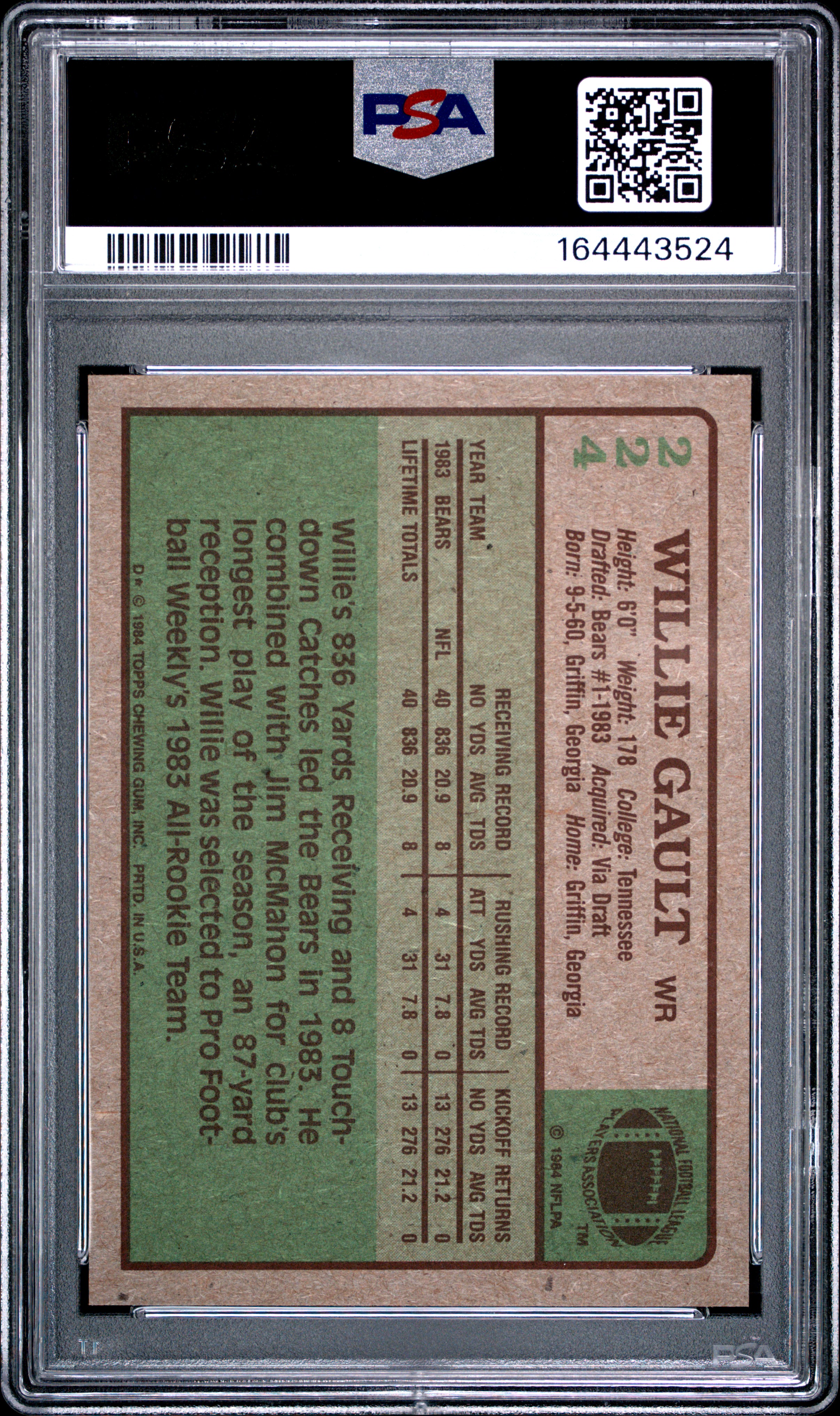 Willie Gault 1984 Topps back