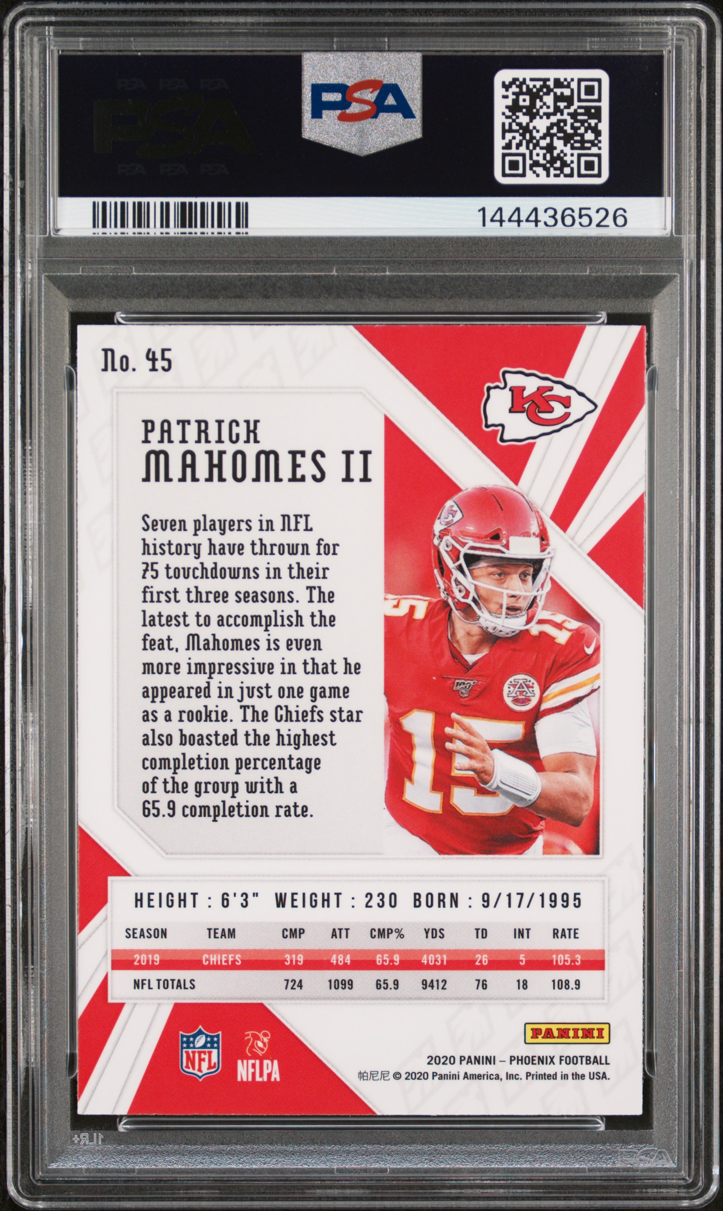 Patrick Mahomes II 2020 Panini Phoenix back