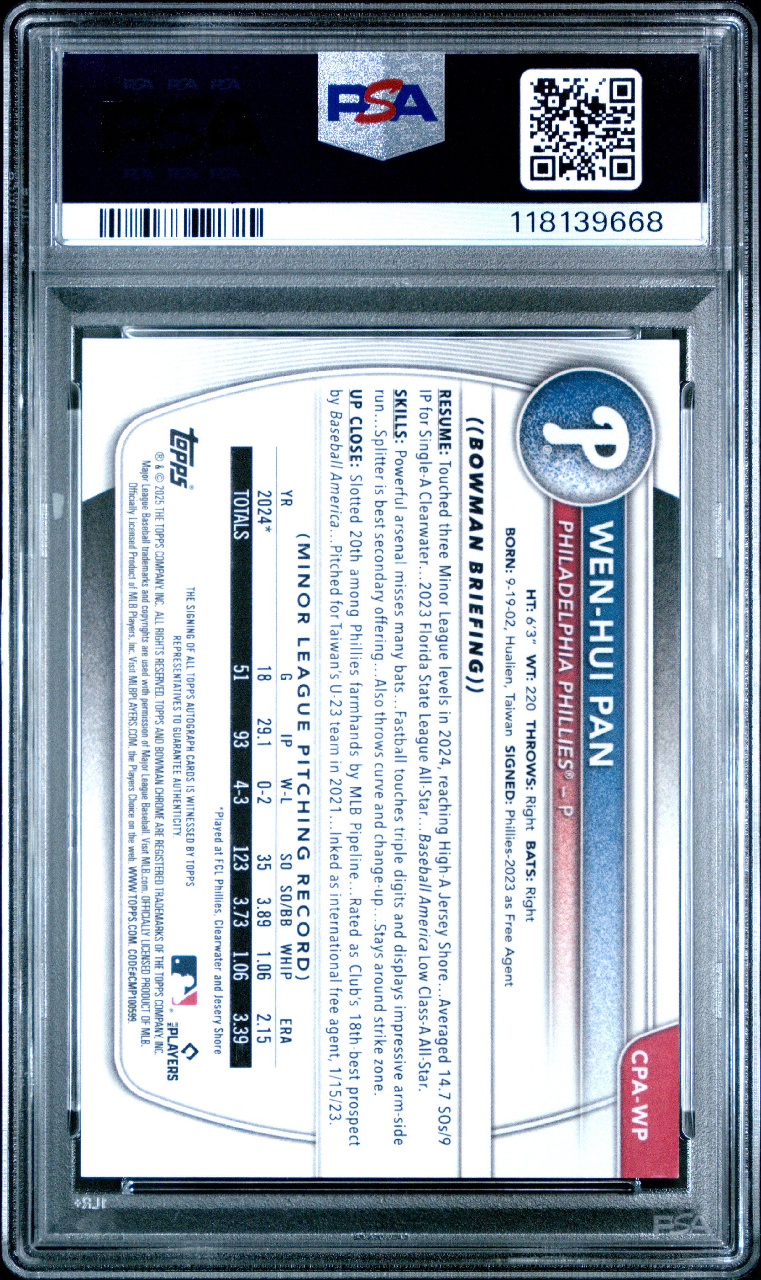 Wen-Hui Pan 2025 Bowman Chrome Prospect Autographs back
